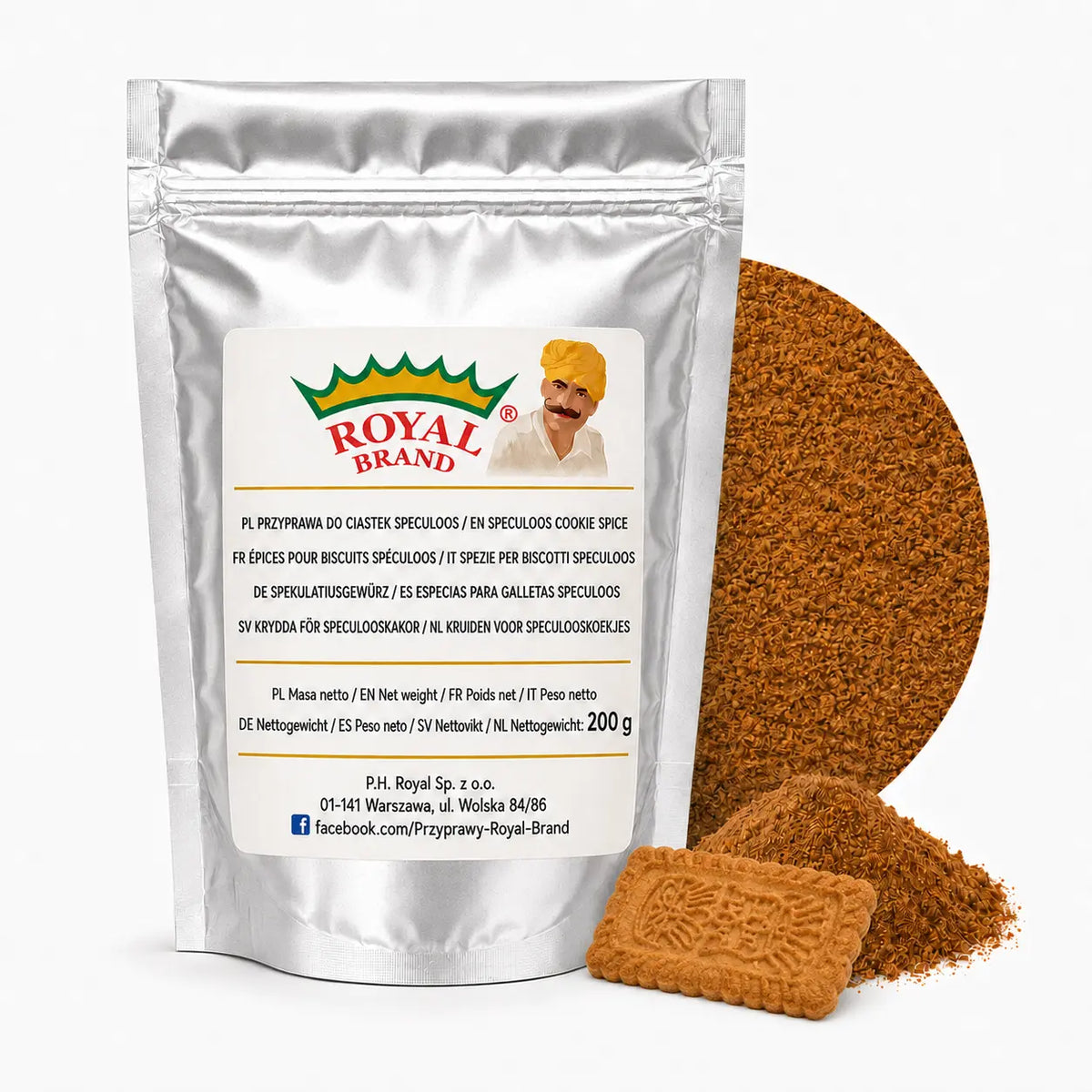 Przyprawa do ciastek Speculoos 200 g Royal Brand – srebrna saszetka, półkole i dekoracyjne ciasteczko
