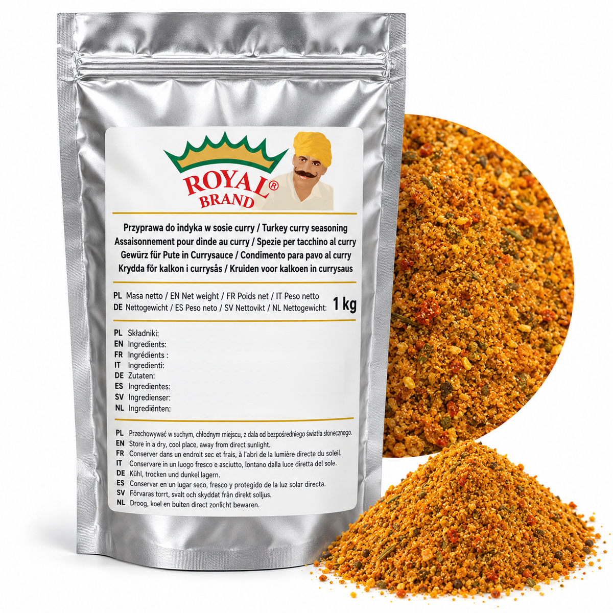 Projekt opakowania: Przyprawa do indyka w sosie curry 1 kg Royal Brand; logo Royal Brand do weryfikacji.