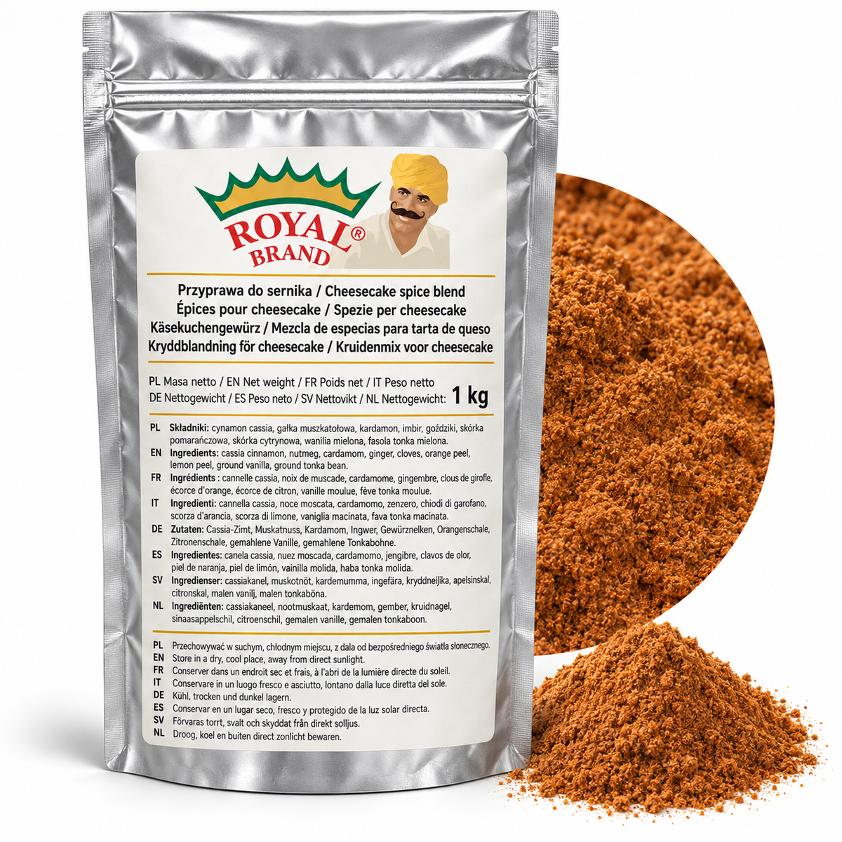 Projekt opakowania: Przyprawa do sernika 1 kg Royal Brand; logo Royal Brand do weryfikacji.