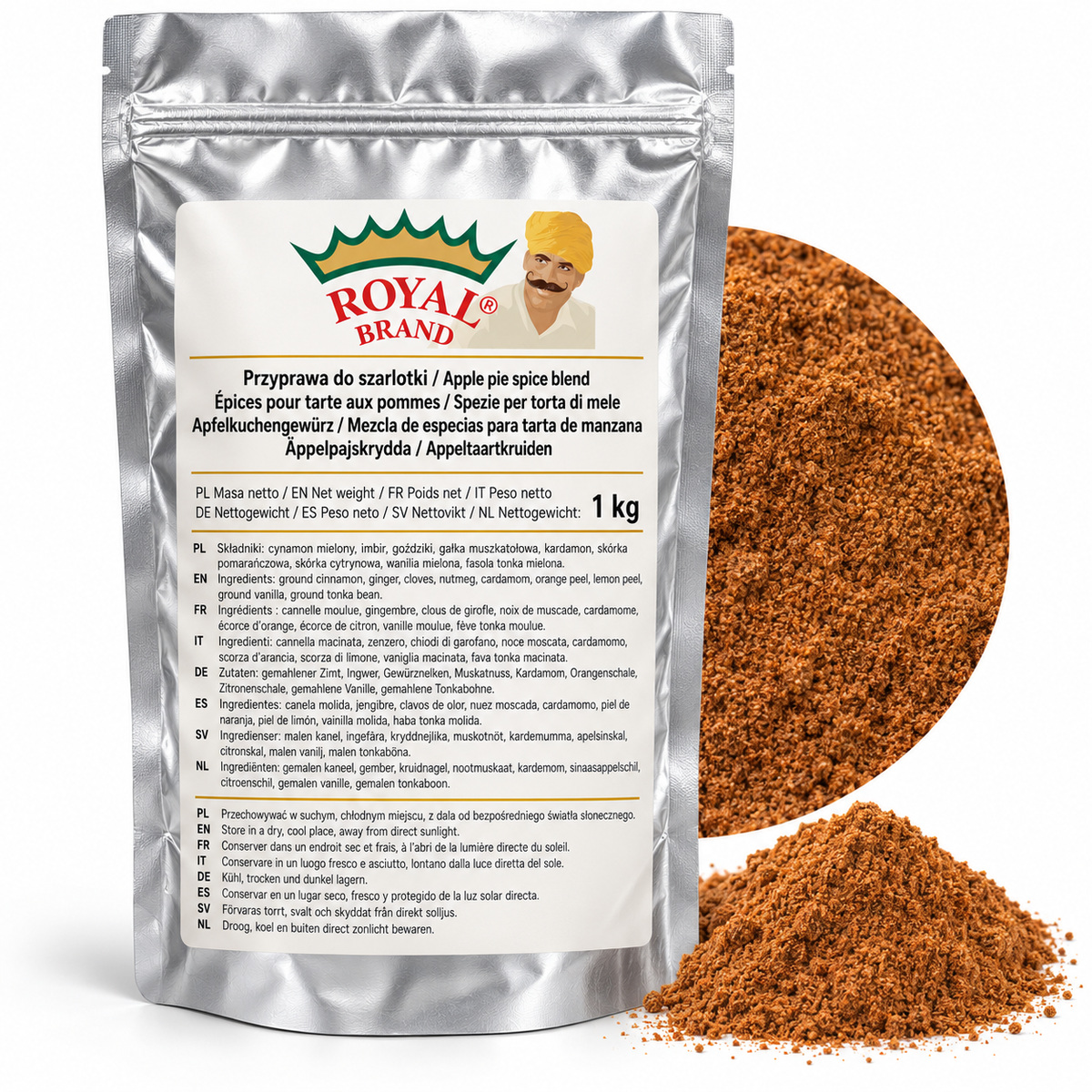 Projekt opakowania: Przyprawa do szarlotki 1 kg Royal Brand; logo Royal Brand do weryfikacji.
