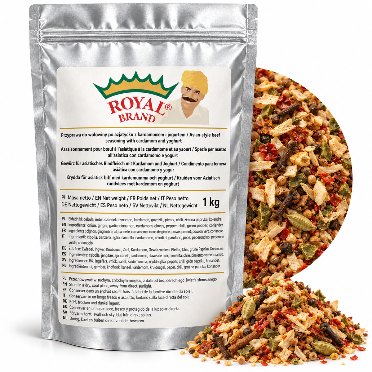 Projekt opakowania: Przyprawa do wołowiny po azjatycku z kardamonem i jogurtem 1 kg Royal Brand; logo Royal Brand do weryfikacji.