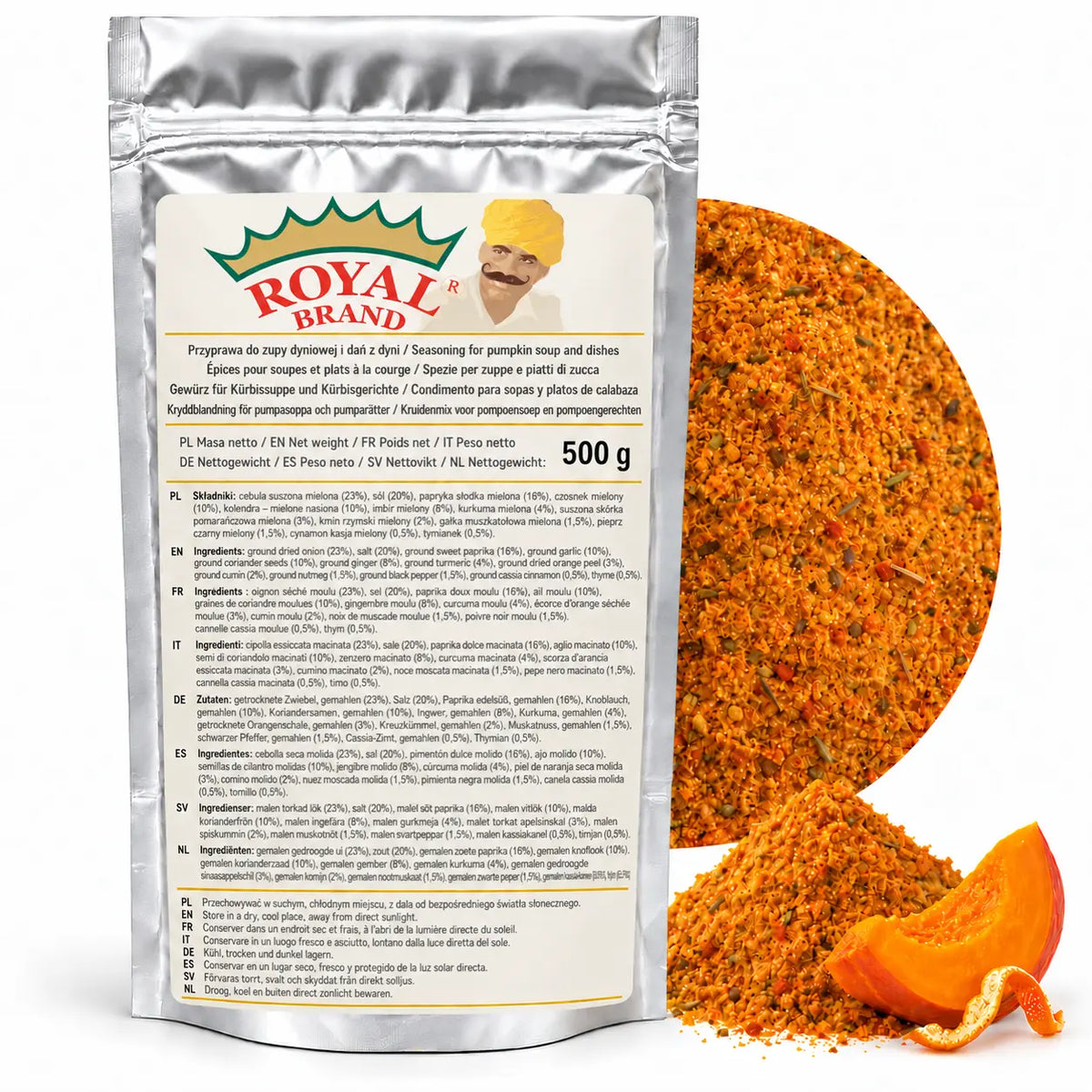 Royal Brand – przyprawa do zupy dyniowej i dań z dyni 500 g, srebrne opakowanie z dekoracją dyni i skórki pomarańczowej; wizualizacja robocza.