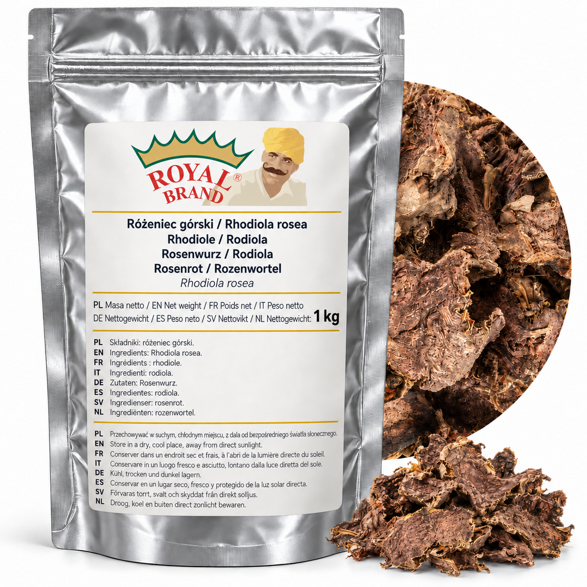 Różeniec górski 1 kg Royal Brand – srebrne opakowanie, kółko i kupka produktu: kawałki różeńca górskiego. Projekt zdjęcia.