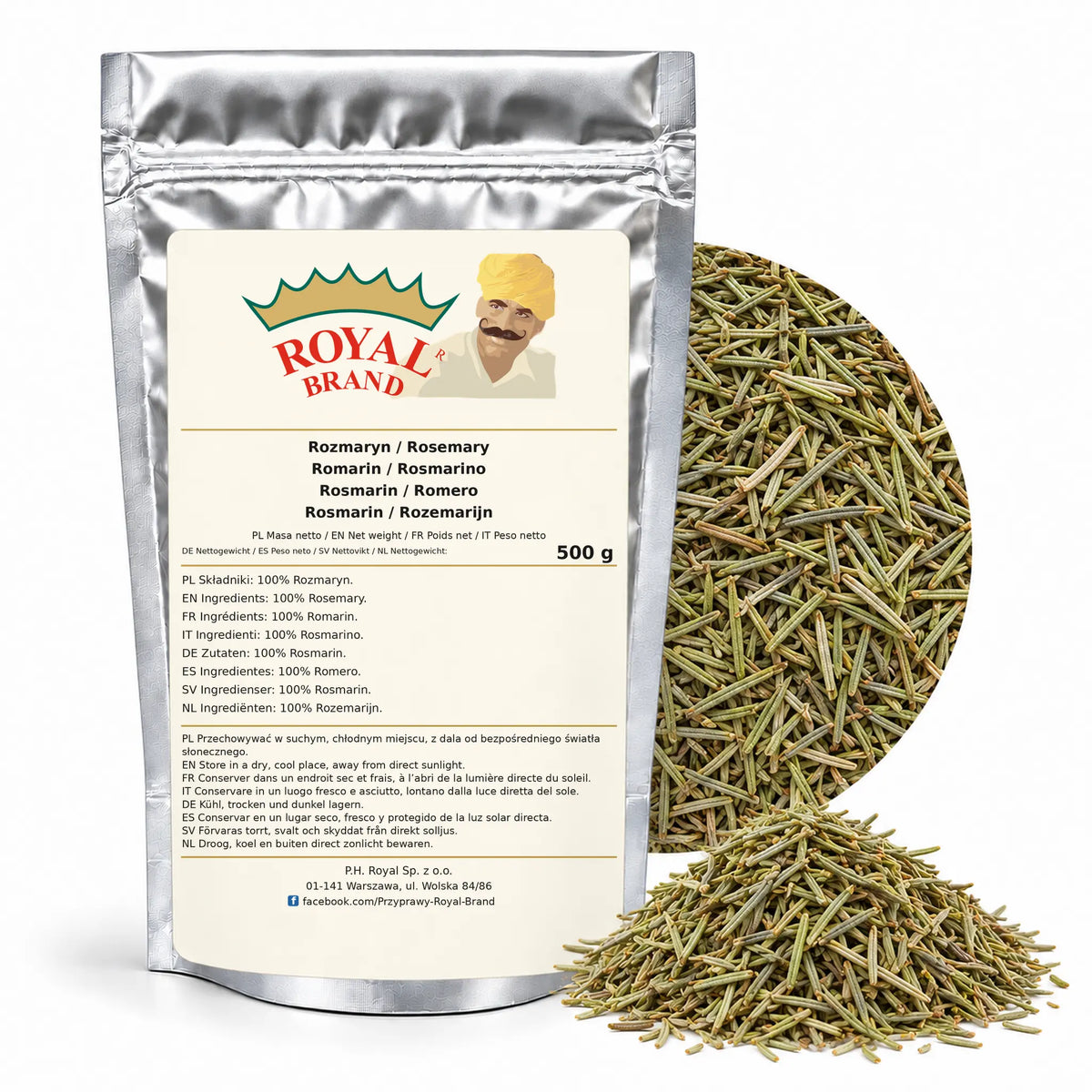 Rozmaryn 500 g Royal Brand — srebrne opakowanie, etykieta w 8 językach