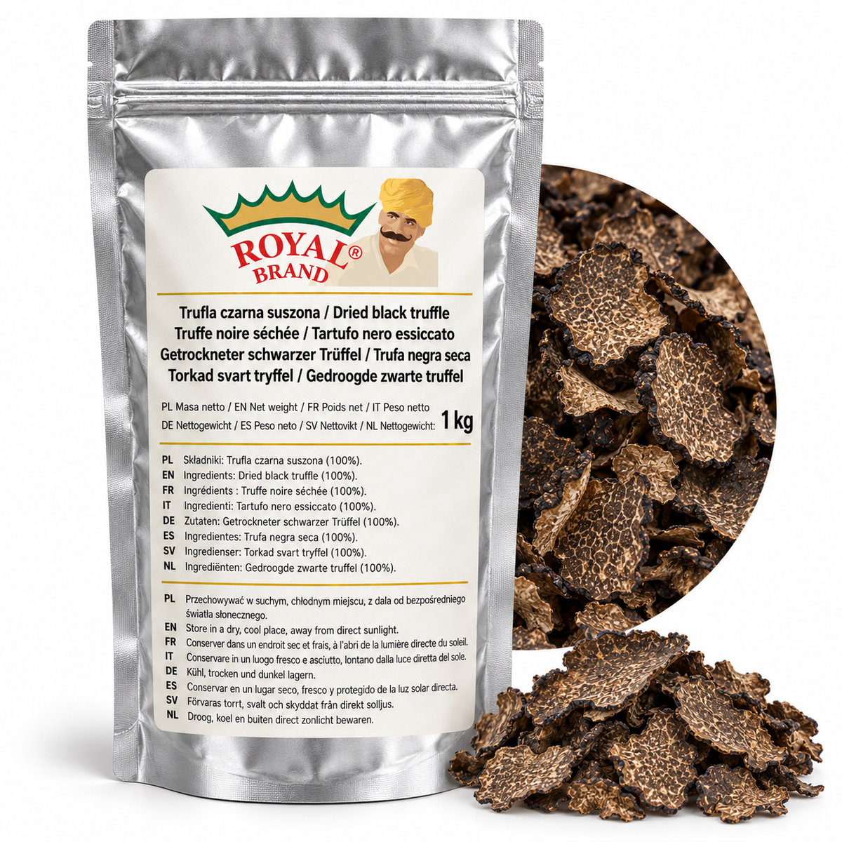 Projekt opakowania: Trufla czarna suszona 1 kg Royal Brand; logo Royal Brand do weryfikacji.