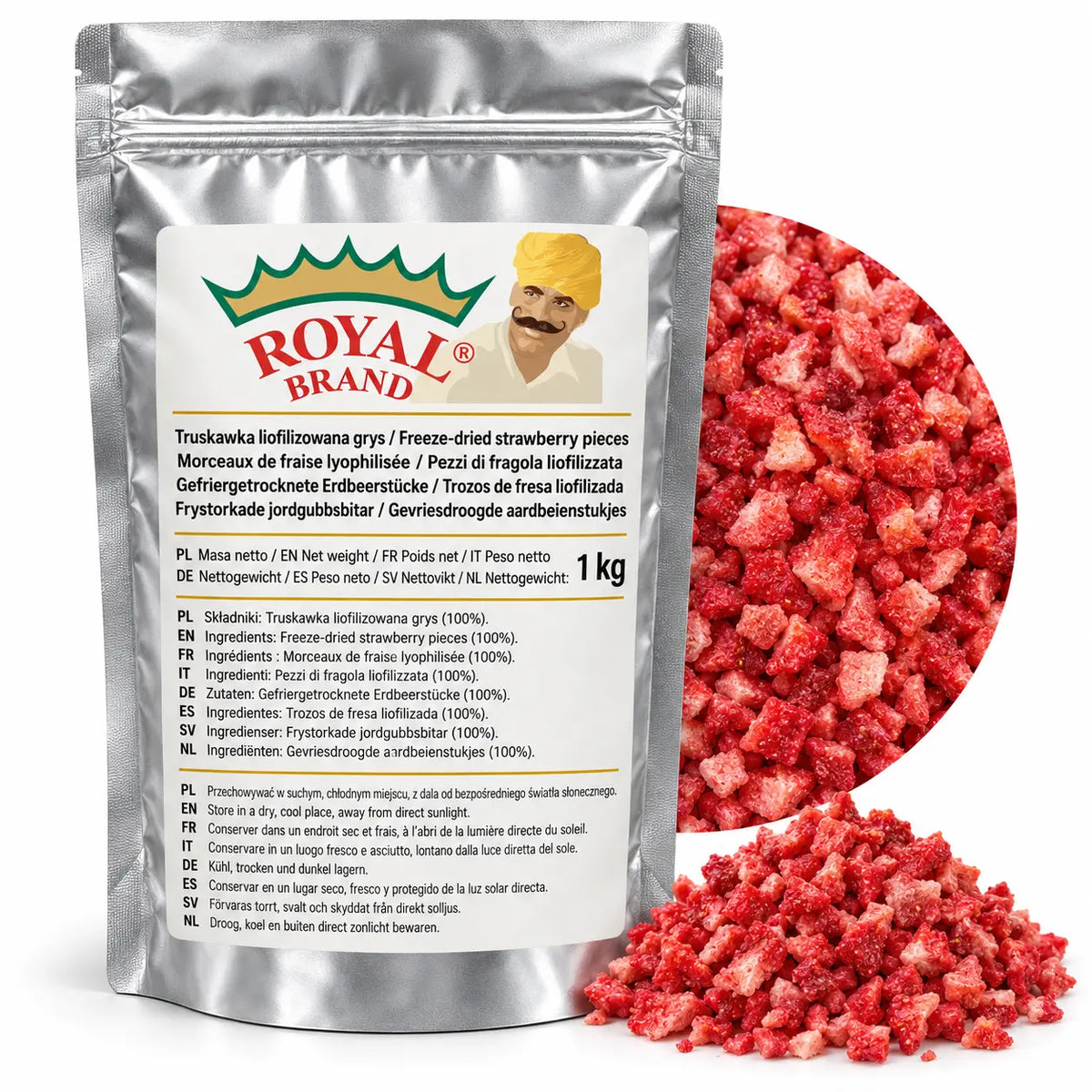 Projekt opakowania: Truskawka liofilizowana grys 1 kg Royal Brand; logo Royal Brand do weryfikacji.
