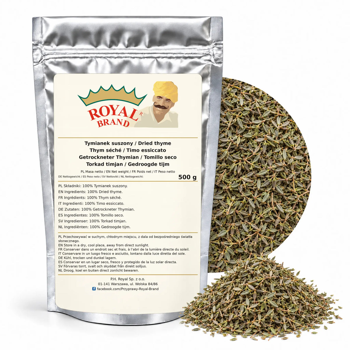 Tymianek suszony 500 g Royal Brand — srebrne opakowanie, etykieta w 8 językach