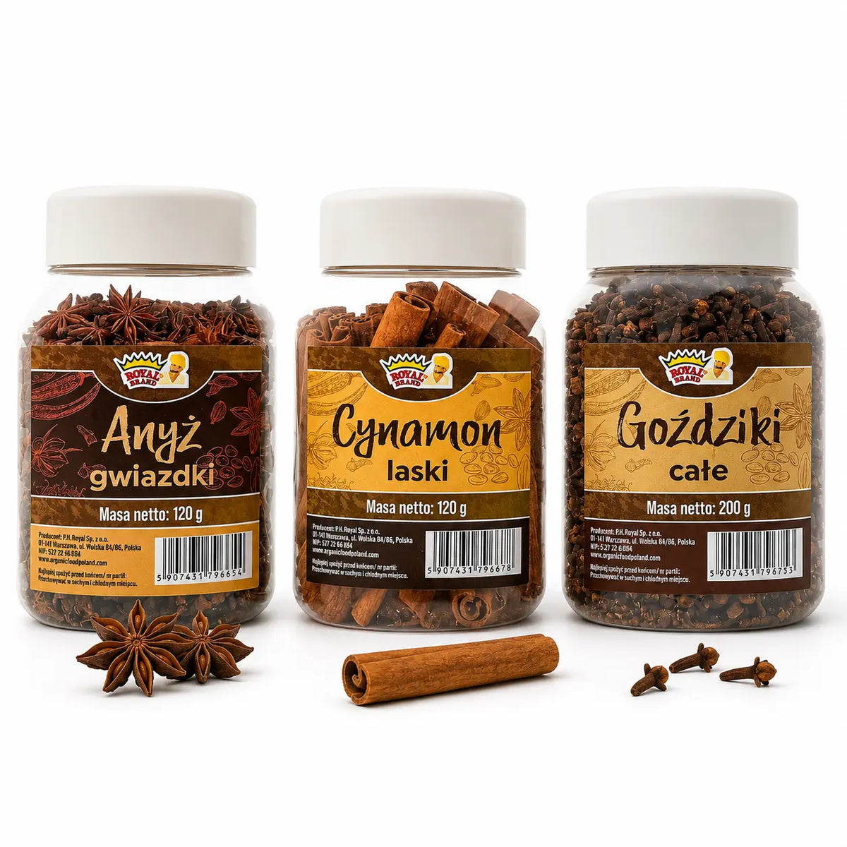 Zestaw przypraw Royal Brand w słoikach: anyż 120 g, cynamon 120 g i goździki 200 g