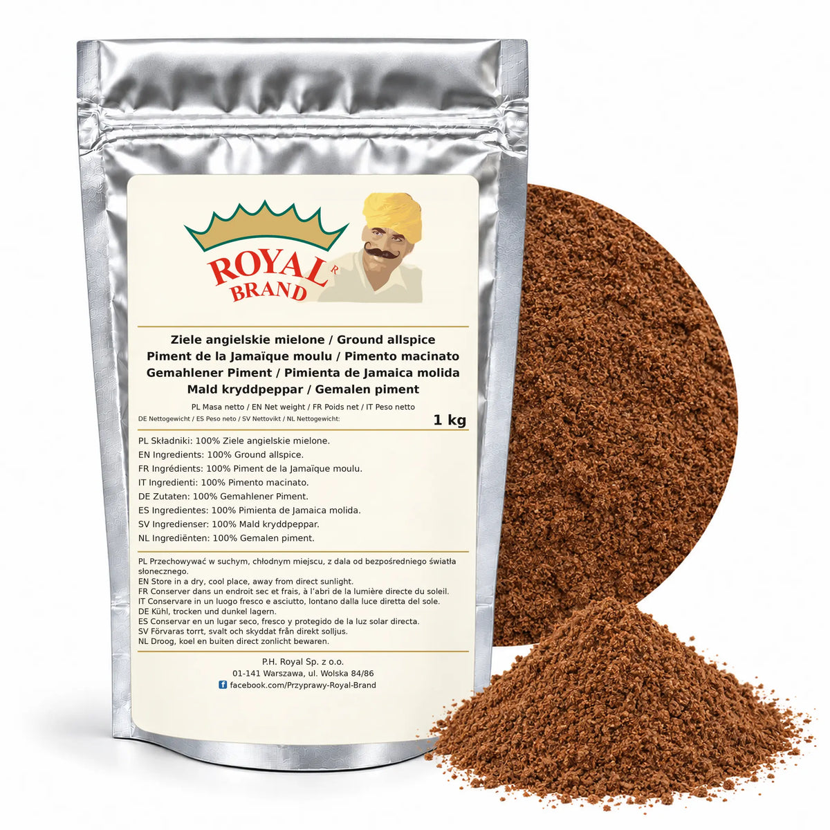 Ziele angielskie mielone 1 kg Royal Brand — srebrne opakowanie, etykieta w 8 językach