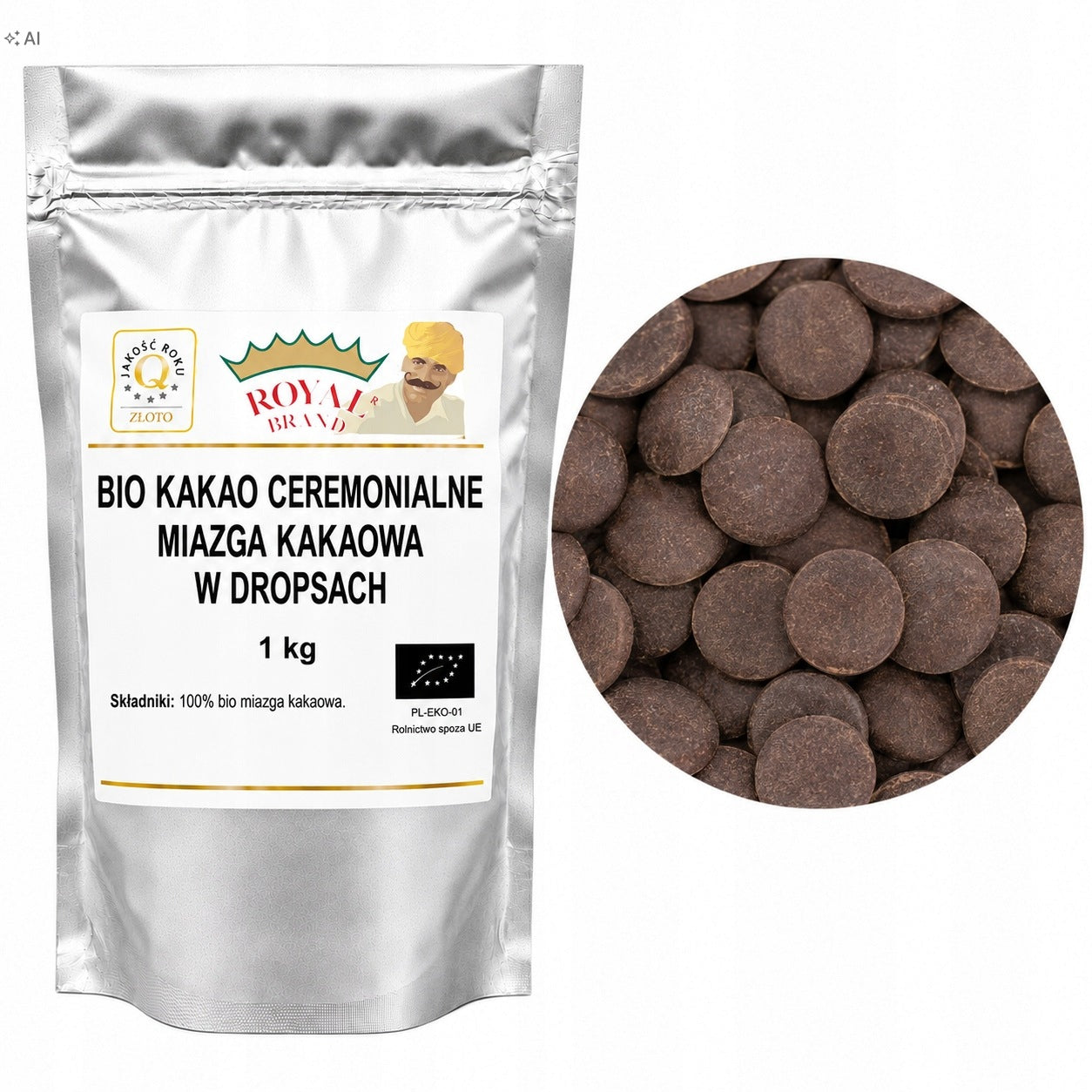 Certyfikowane Kakao Ceremonialne Bio 1kg dropsy 100% czysta miazga kakowa Royal Brand