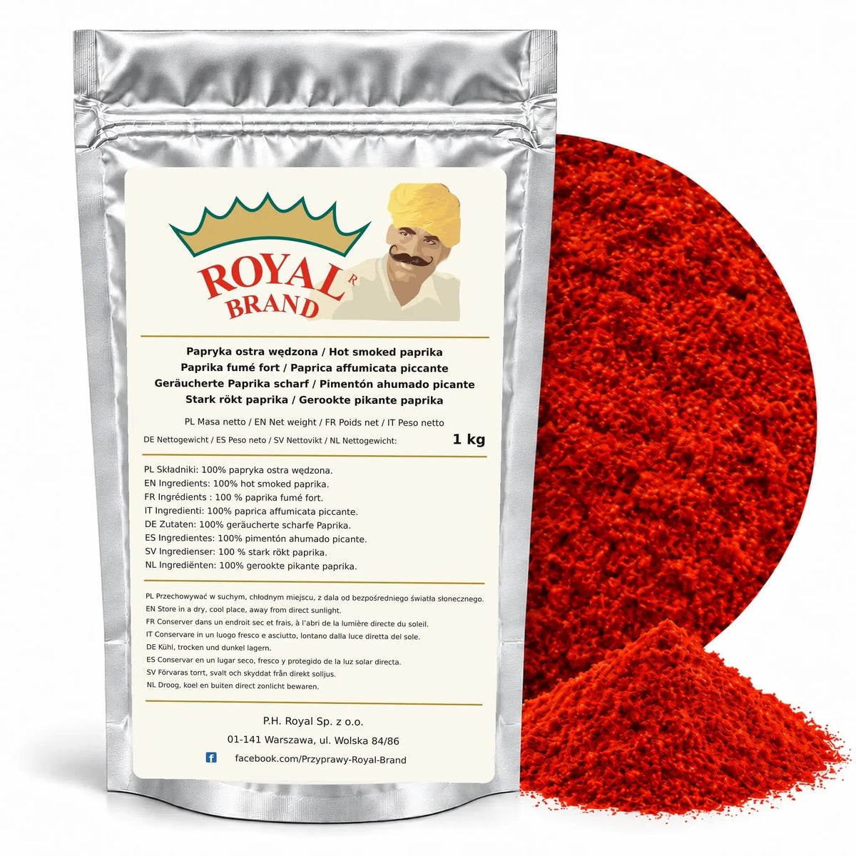 Papryka ostra wędzona 1 kg Royal Brand — srebrny doypack z etykietą w ośmiu językach
