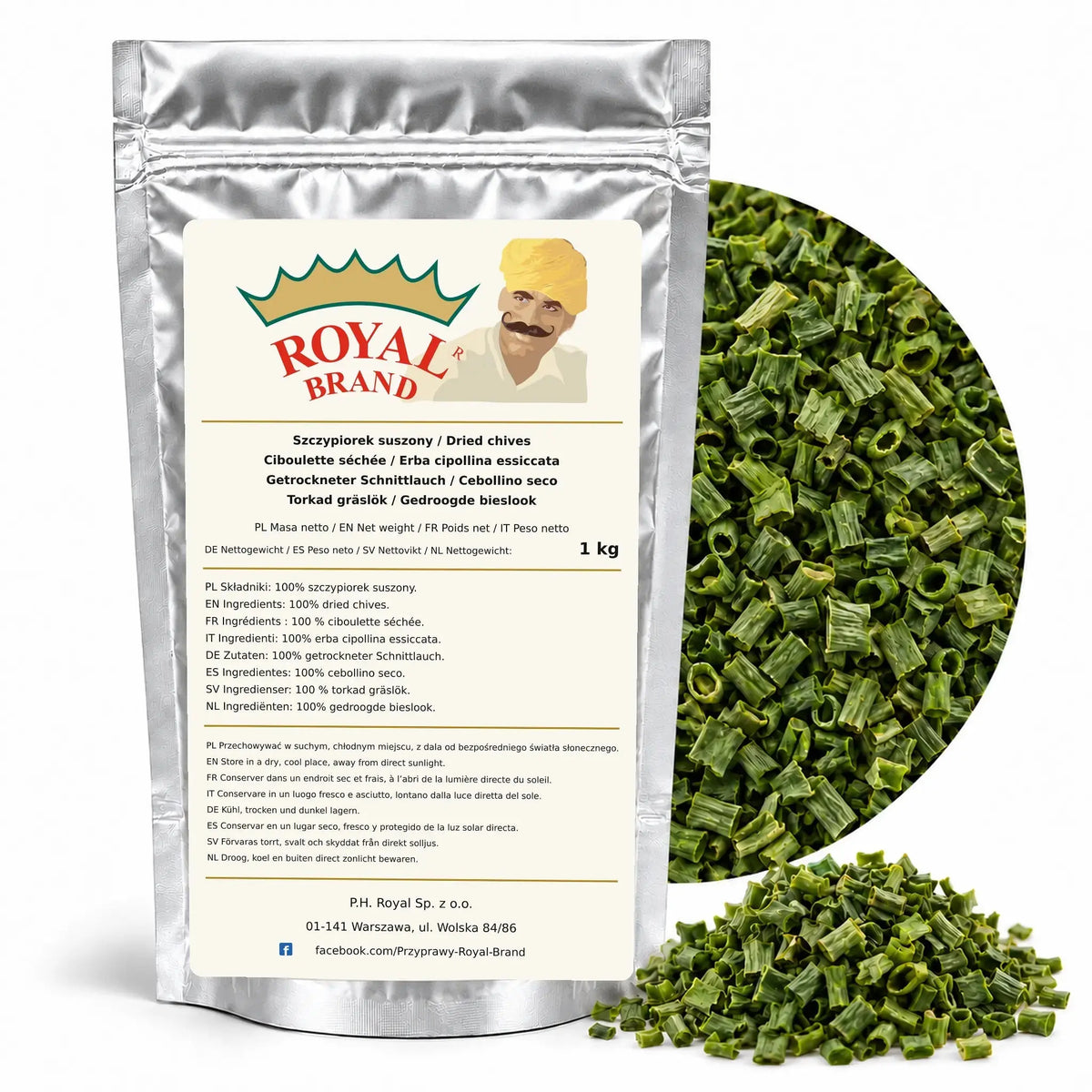 Szczypiorek suszony 1 kg Royal Brand — srebrny doypack z etykietą w ośmiu językach