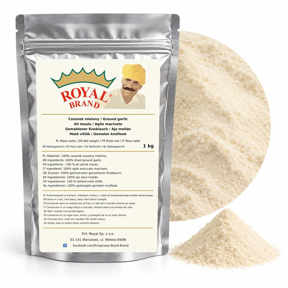 Czosnek mielony 1 kg Royal Brand — srebrny doypack z etykietą w ośmiu językach
