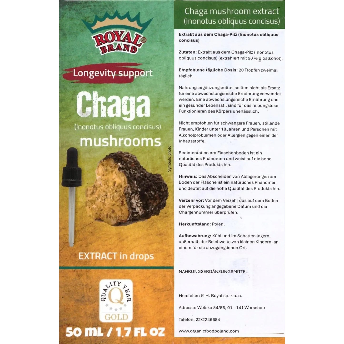 Chaga-Extrakt Tropfen 50 ml (Inonotus obliquus) Adaptogene Ergänzung Chaga Pilz Extrakt Tropfen