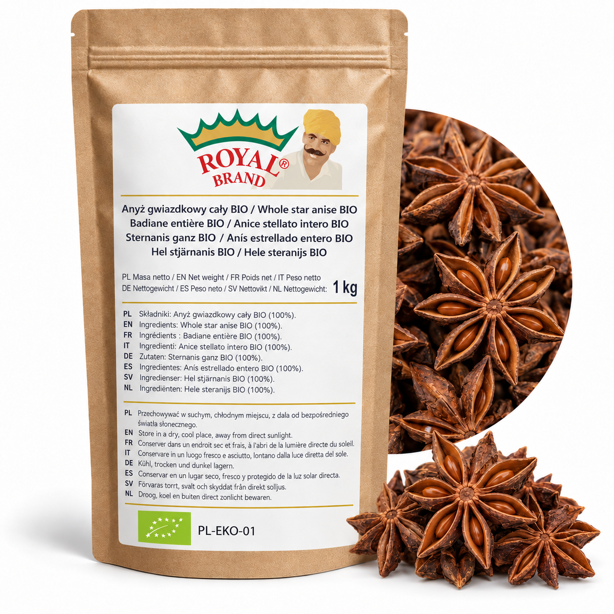 Projekt opakowania Anyż gwiazdkowy cały BIO 1 kg Royal Brand. Zielony listek BIO, PL-EKO-01; logo marki do weryfikacji.