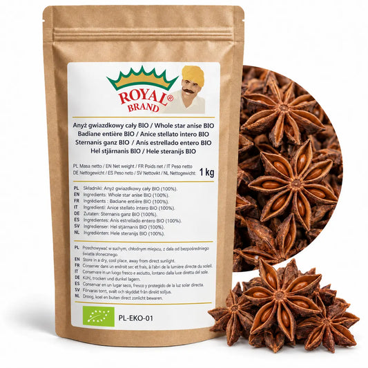Projekt opakowania Anyż gwiazdkowy cały BIO 1 kg Royal Brand. Zielony listek BIO, PL-EKO-01; logo marki do weryfikacji.
