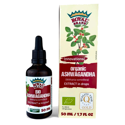 Ashwagandha ekstrakt W PŁYNIE Stres Pamięć BIO 50 ml MOCNY 10% WITANOLIDÓW Royal Brand