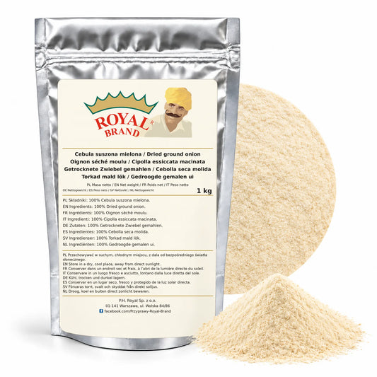 Cebula suszona mielona 1 kg Royal Brand — srebrne opakowanie, etykieta w 8 językach