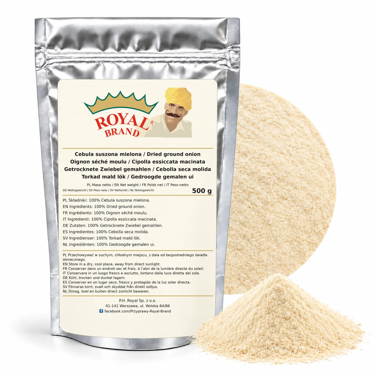 Cebula suszona mielona 500 g Royal Brand — srebrne opakowanie, etykieta w 8 językach