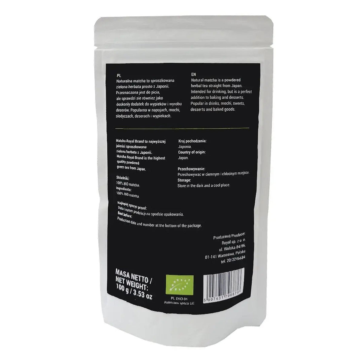 Certyfikowana Matcha Premium Ceremonialna 100g zielona herbata w proszku - Oficjalny sklep Royal Brand