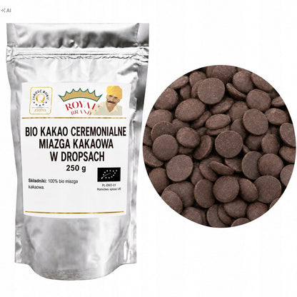 Certyfikowane Kakao Ceremonialne Bio 250g dropsy 100% czysta miazga kakowa Royal Brand