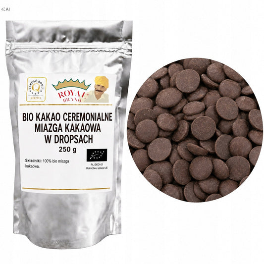 Certyfikowane Kakao Ceremonialne Bio 250g dropsy 100% czysta miazga kakowa Royal Brand