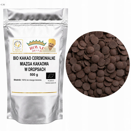Certyfikowane Kakao Ceremonialne Bio 500g dropsy 100% czysta miazga kakowa Royal Brand