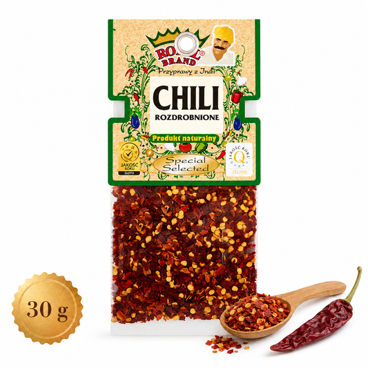 Chili rozdrobnione 30 g Royal Brand – opakowanie na białym tle