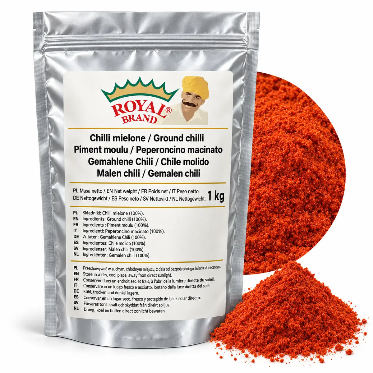 Projekt opakowania: Chilli mielone 1 kg Royal Brand; logo do weryfikacji.