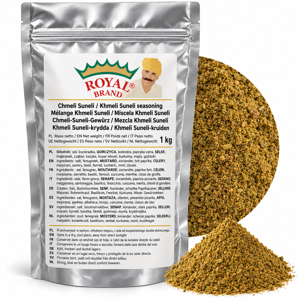 Projekt opakowania: Chmeli Suneli 1 kg Royal Brand; logo do weryfikacji.