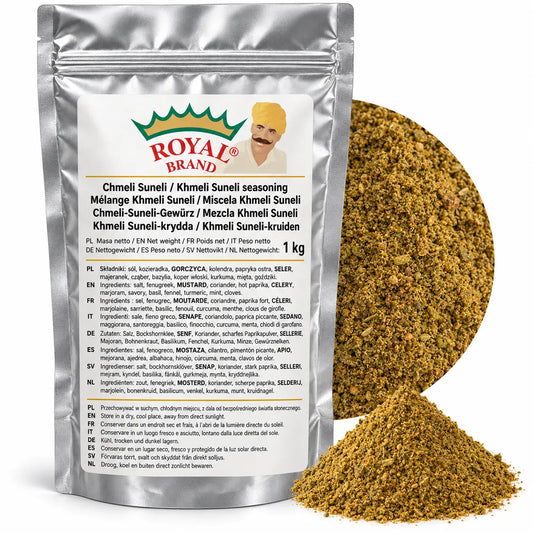 Projekt opakowania: Chmeli Suneli 1 kg Royal Brand; logo do weryfikacji.