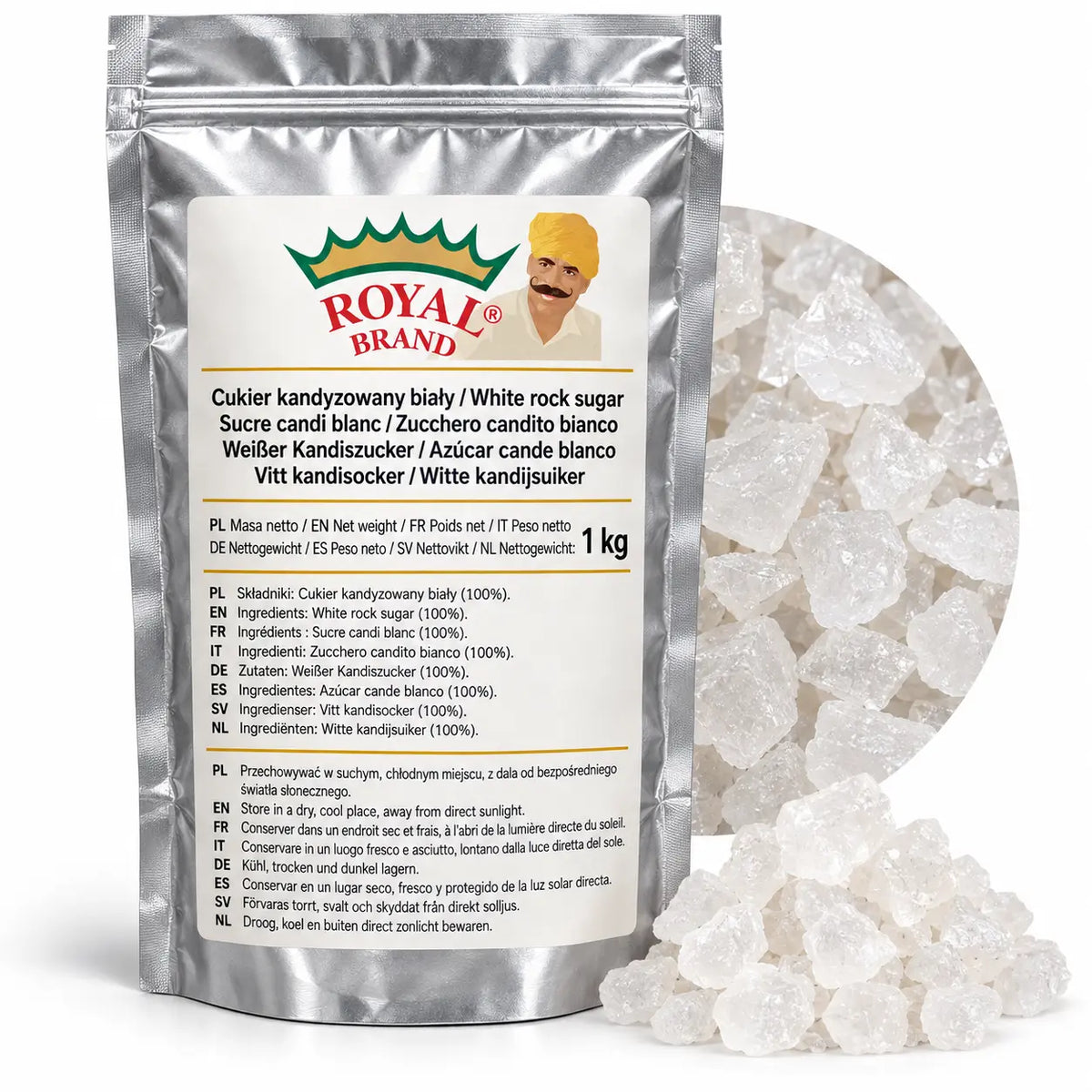 Projekt opakowania: Cukier kandyzowany biały 1 kg Royal Brand; logo do weryfikacji.