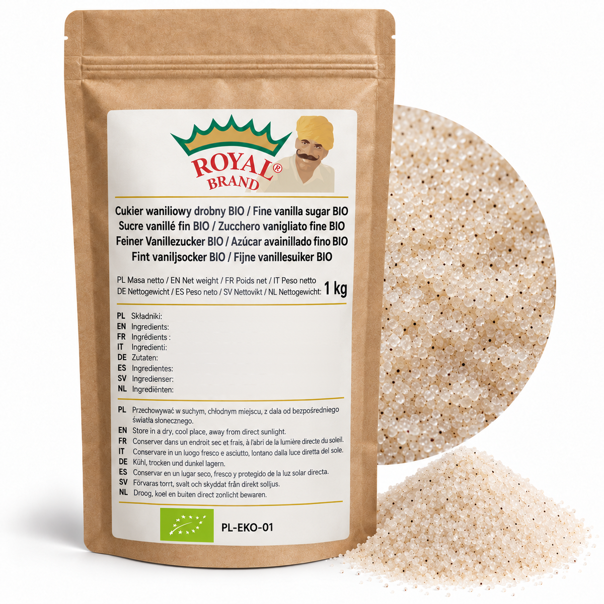 Projekt opakowania: Cukier waniliowy drobny BIO 1 kg Royal Brand. Zielony listek BIO, PL-EKO-01. Logo marki do weryfikacji.