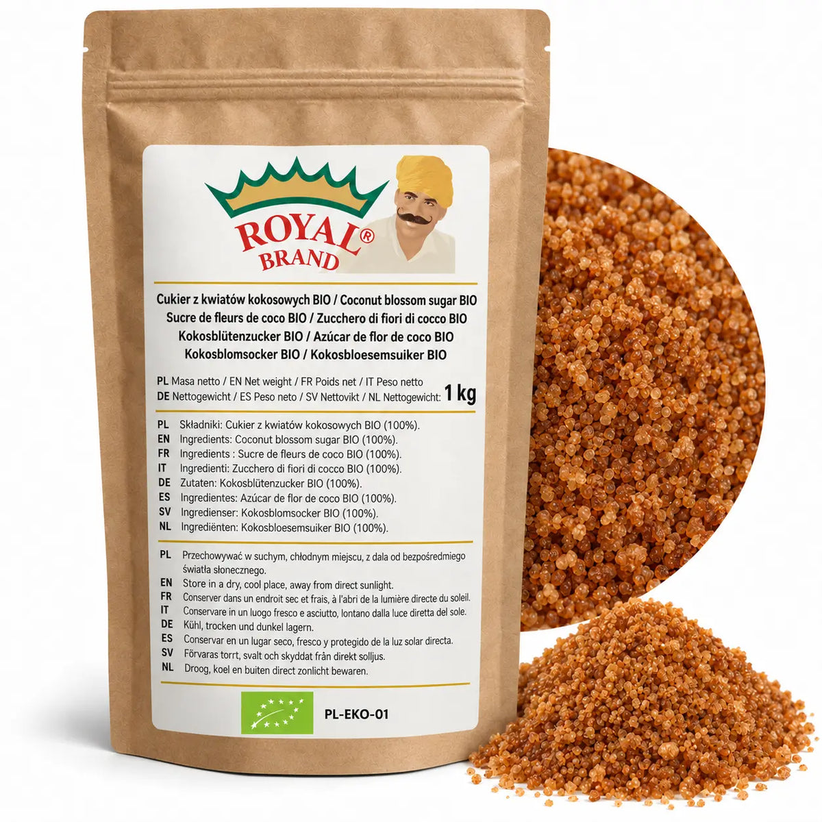 Projekt opakowania: Cukier z kwiatów kokosowych BIO 1 kg Royal Brand. Zielony listek BIO, PL-EKO-01. Logo marki do weryfikacji.