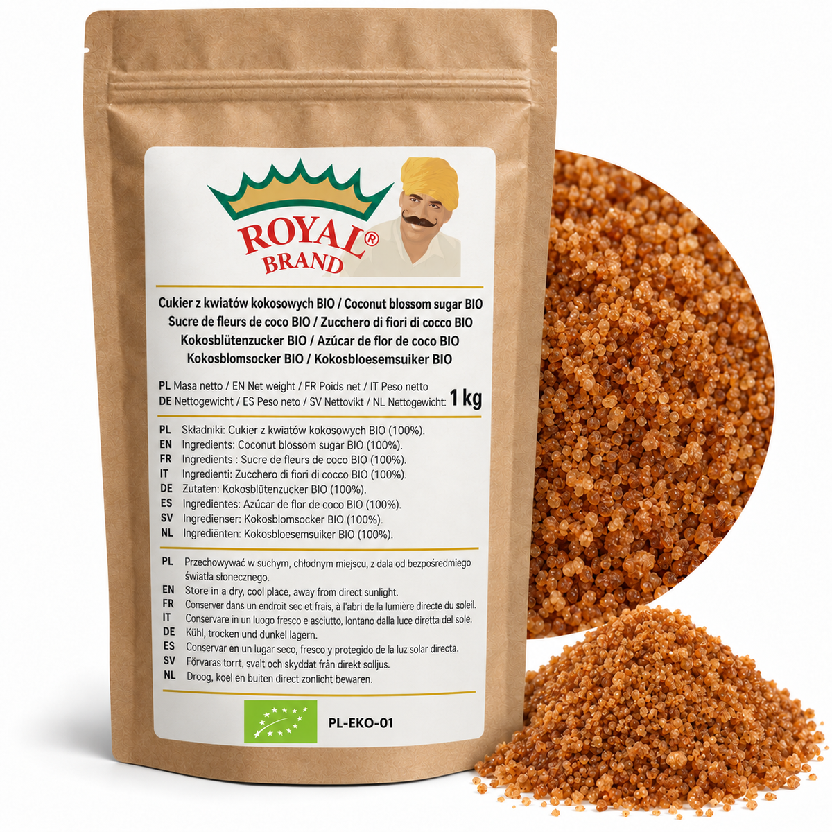 Projekt opakowania: Cukier z kwiatów kokosowych BIO 1 kg Royal Brand. Zielony listek BIO, PL-EKO-01. Logo marki do weryfikacji.