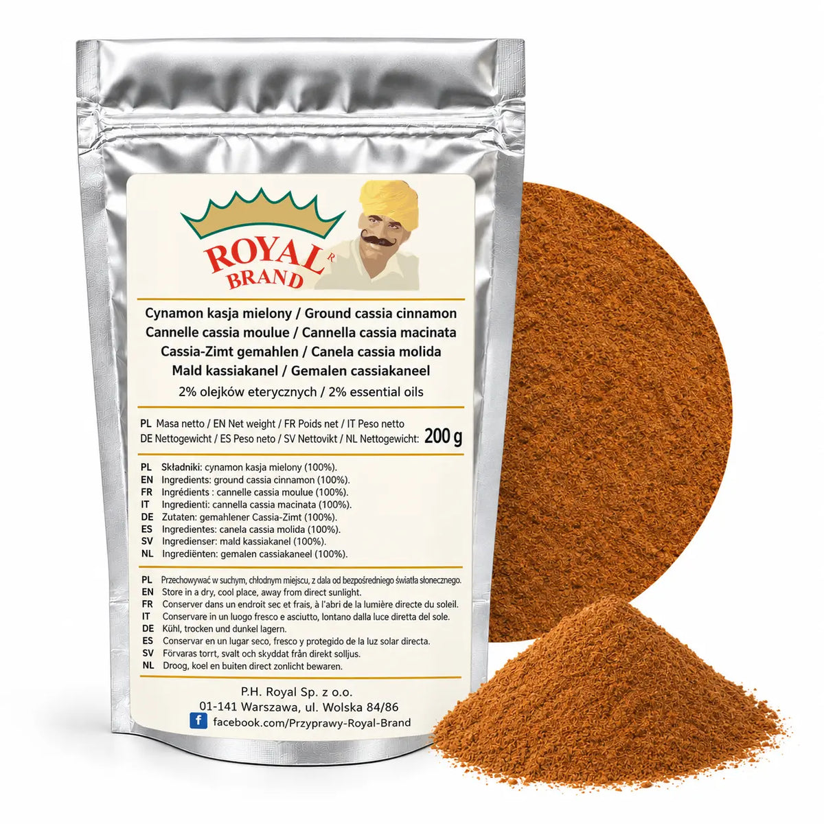 Cynamon kasja mielony Royal Brand 200 g, 2% olejków eterycznych, srebrne opakowanie.