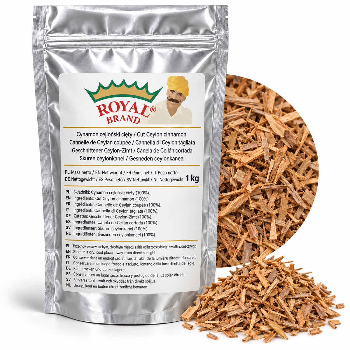 Projekt opakowania: Cynamon cejloński cięty 1 kg Royal Brand; logo do weryfikacji.