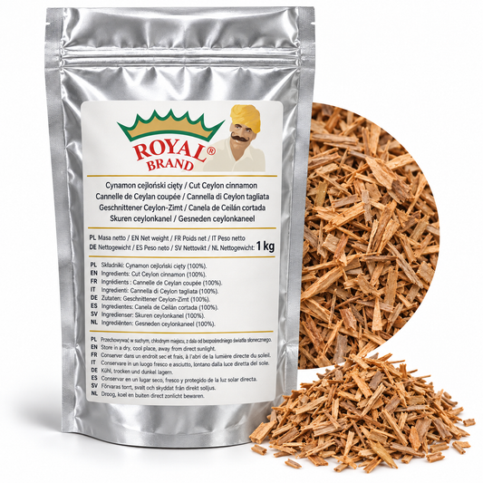 Projekt opakowania: Cynamon cejloński cięty 1 kg Royal Brand; logo do weryfikacji.