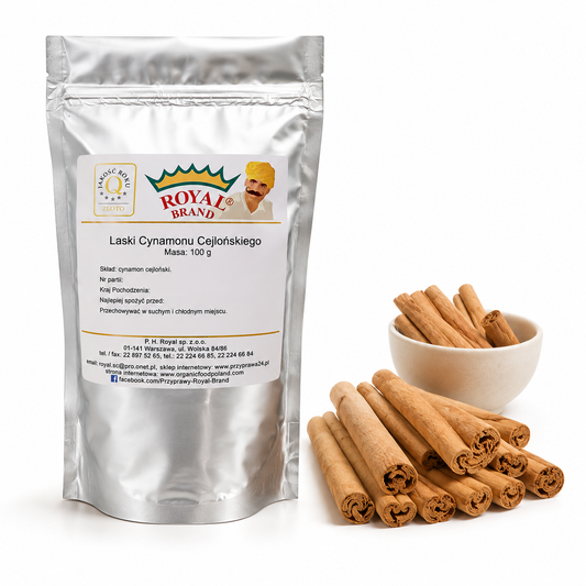 Cynamon cejloński w laskach 100 g – opakowanie Royal Brand