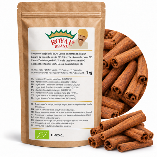 Projekt opakowania: Cynamon kasja laski BIO 1 kg Royal Brand. Zielony listek BIO, PL-EKO-01. Logo marki do weryfikacji.