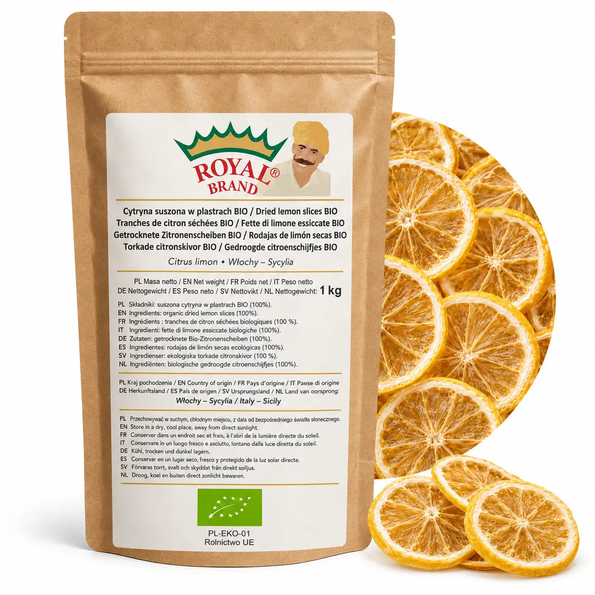 Cytryna BIO suszona w plastrach 1 kg z Sycylii w kraftowym doypaku Royal Brand
