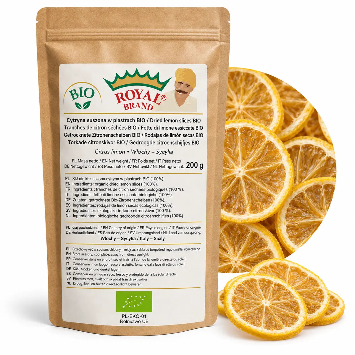 Cytryna BIO suszona w plastrach 200 g z Sycylii w kraftowym doypaku Royal Brand