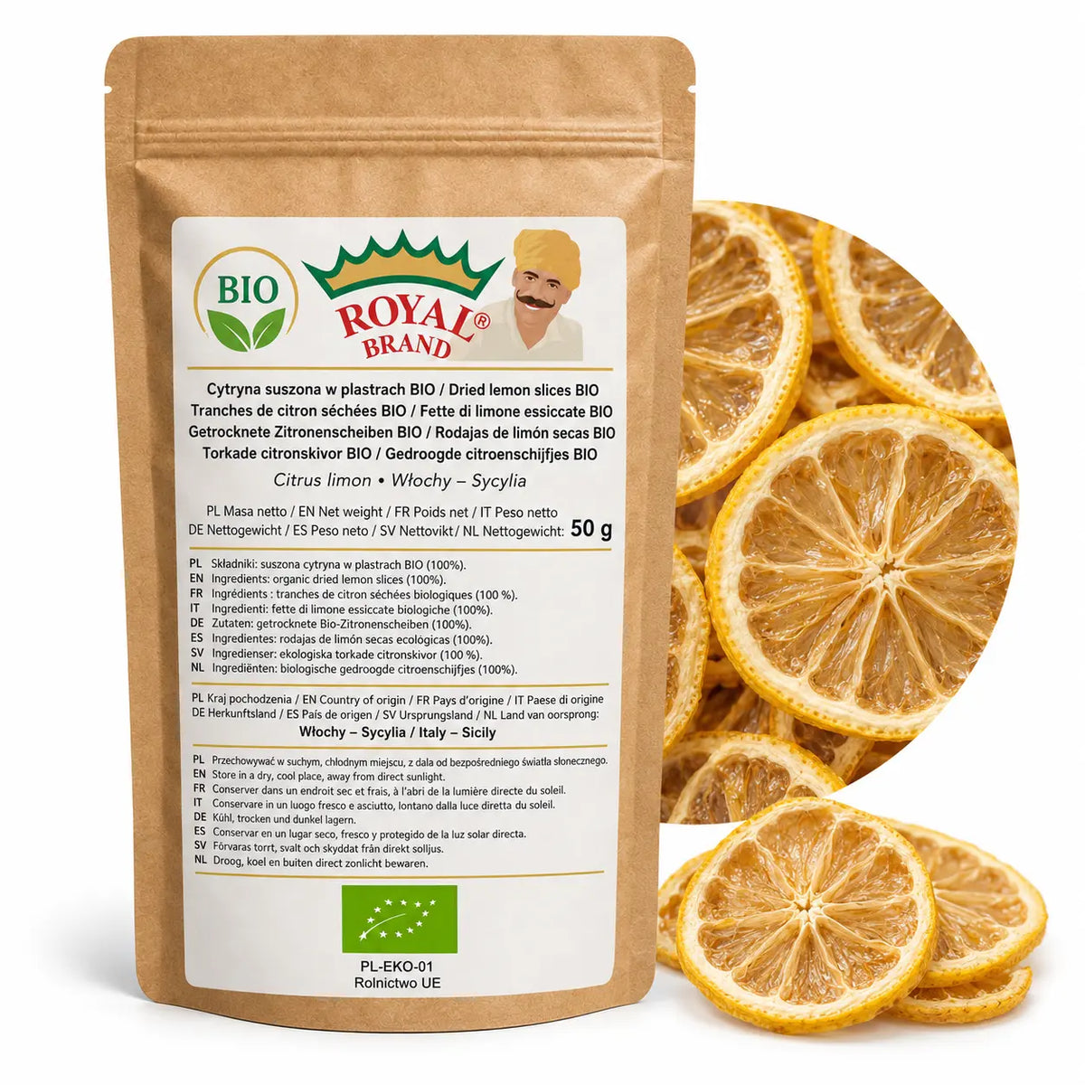 Cytryna BIO suszona w plastrach 50 g z Sycylii w kraftowym doypaku Royal Brand
