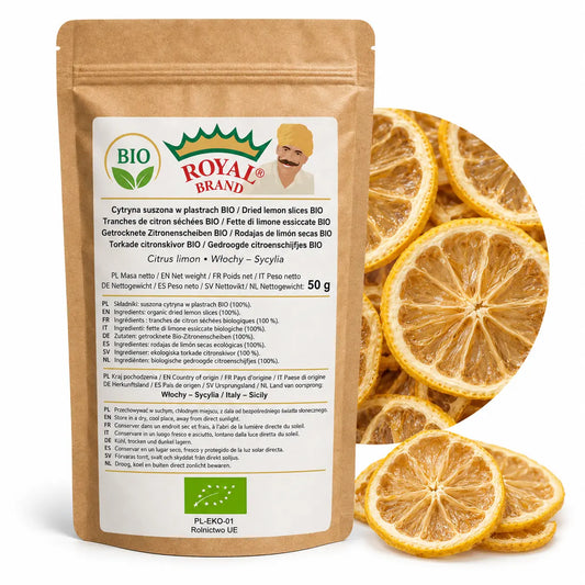 Cytryna BIO suszona w plastrach 50 g z Sycylii w kraftowym doypaku Royal Brand