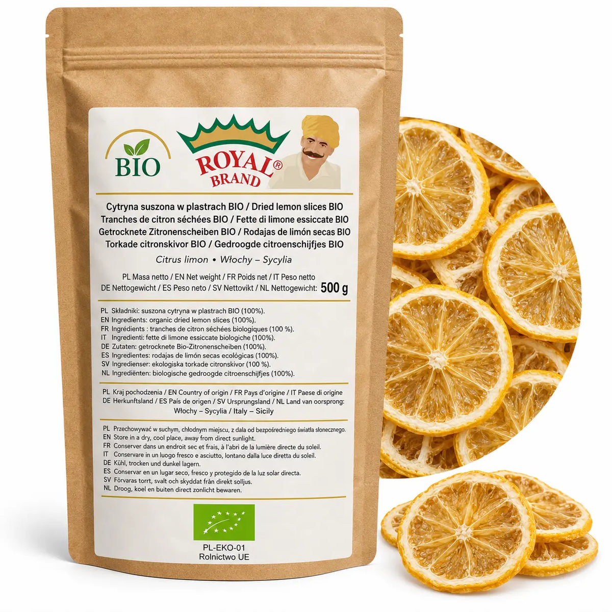 Cytryna BIO suszona w plastrach 500 g z Sycylii w kraftowym doypaku Royal Brand