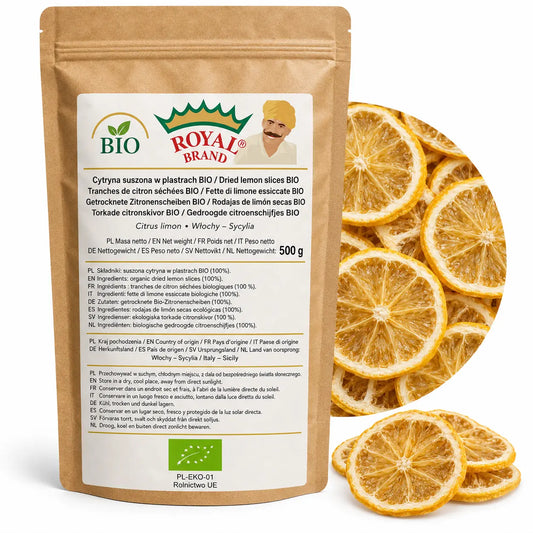 Cytryna BIO suszona w plastrach 500 g z Sycylii w kraftowym doypaku Royal Brand