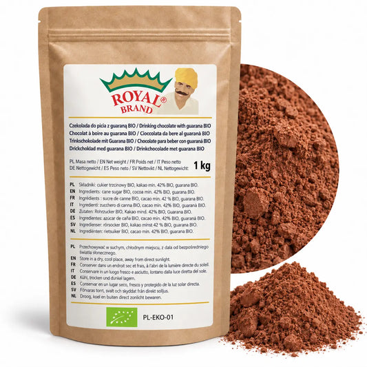 Projekt opakowania: Czekolada do picia z guaraną BIO 1 kg Royal Brand. Zielony listek BIO, PL-EKO-01. Logo marki do weryfikacji.