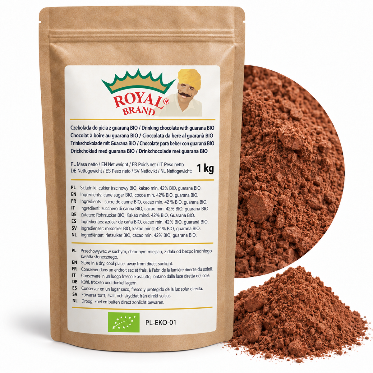 Projekt opakowania: Czekolada do picia z guaraną BIO 1 kg Royal Brand. Zielony listek BIO, PL-EKO-01. Logo marki do weryfikacji.