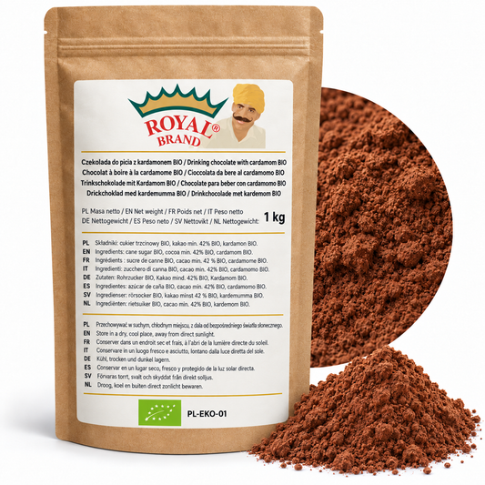 Projekt opakowania: Czekolada do picia z kardamonem BIO 1 kg Royal Brand. Zielony listek BIO, PL-EKO-01. Logo marki do weryfikacji.