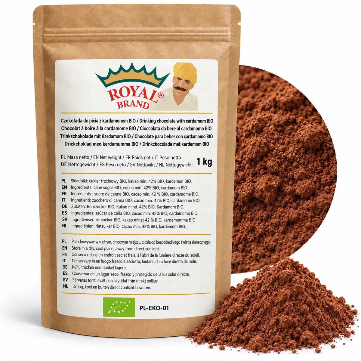 Projekt opakowania: Czekolada do picia z kardamonem BIO 1 kg Royal Brand. Zielony listek BIO, PL-EKO-01. Logo marki do weryfikacji.